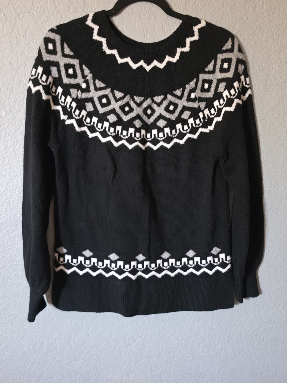 LOFT Black, White & Gray Geometric Yoke Crewneck Sweater